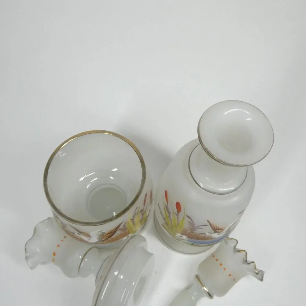 Handpainted Ducks Birds Frosted Glass Decanter Jar Candle Holder Vintage